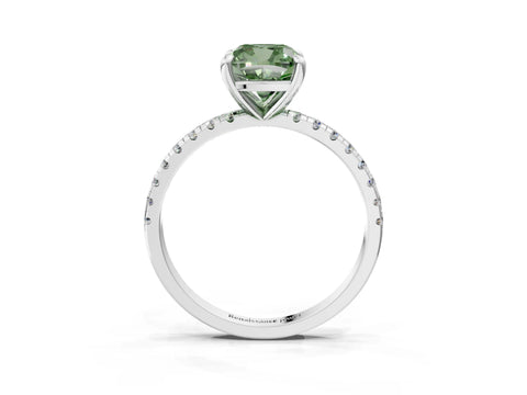 White gold Fancy Green Cushion Cut Diamond Brilliant Solitaire Ring with Pavé Band and Four-Prong Setting_3