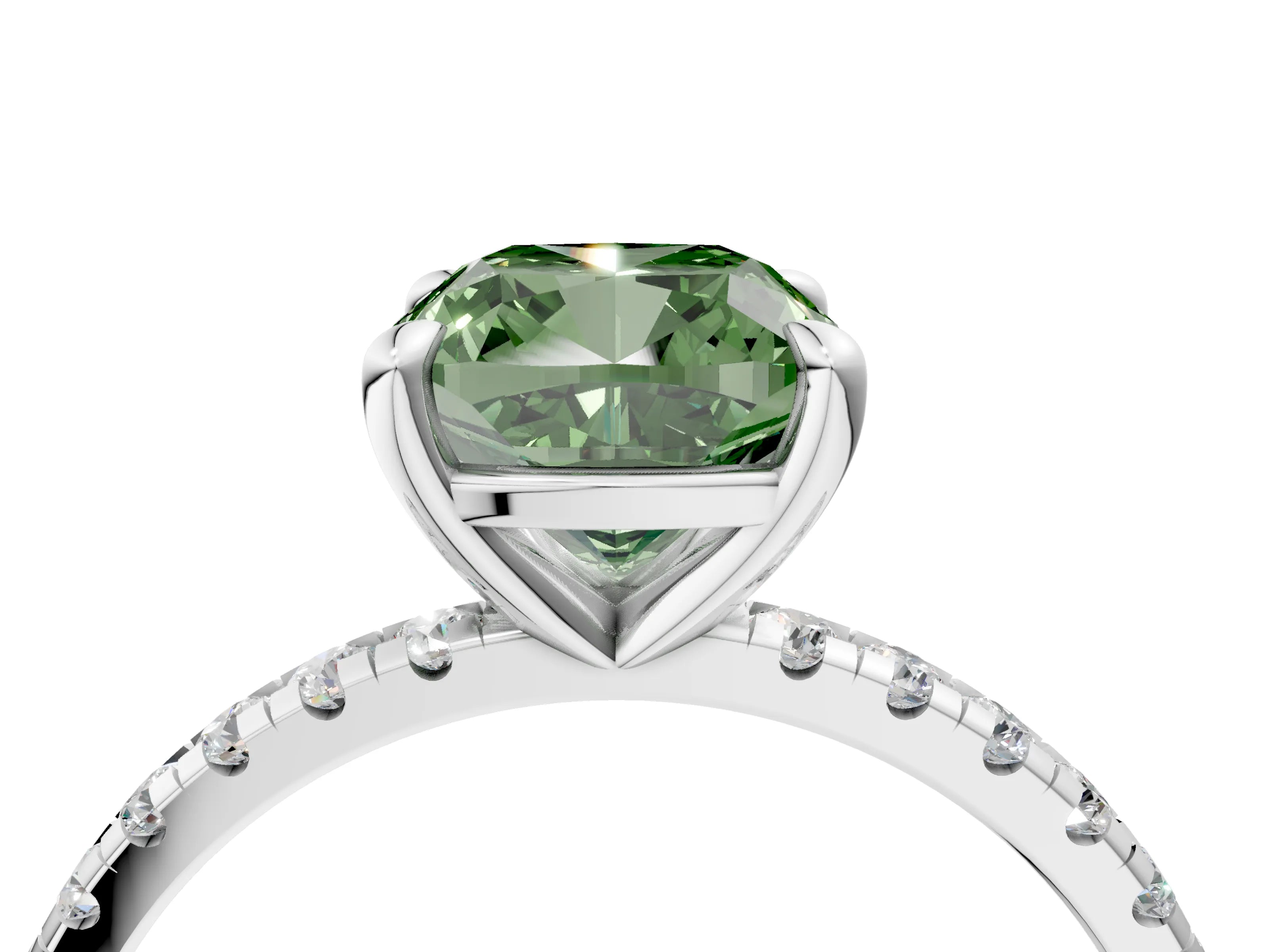 White gold Fancy Green Cushion Cut Diamond Brilliant Solitaire Ring with Pavé Band and Four-Prong Setting_4