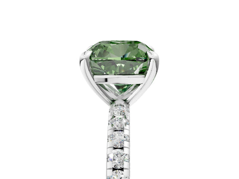 White gold Fancy Green Cushion Cut Diamond Brilliant Solitaire Ring with Pavé Band and Four-Prong Setting_5