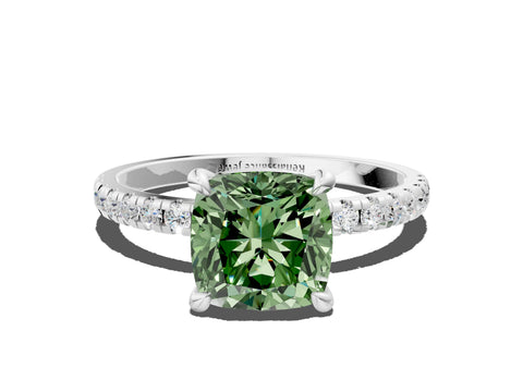 White gold Fancy Green Cushion Cut Diamond Brilliant Solitaire Ring with Pavé Band and Four-Prong Setting