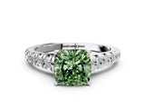 White gold Fancy Green Cushion Cut Diamond Cathedral Solitaire Ring with Round  Pavé Band_290