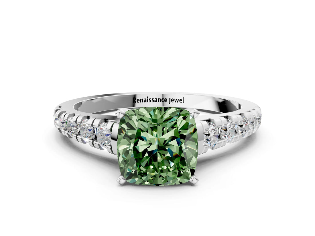 White gold Fancy Green Cushion Cut Diamond Cathedral Solitaire Ring with Round  Pavé Band_294