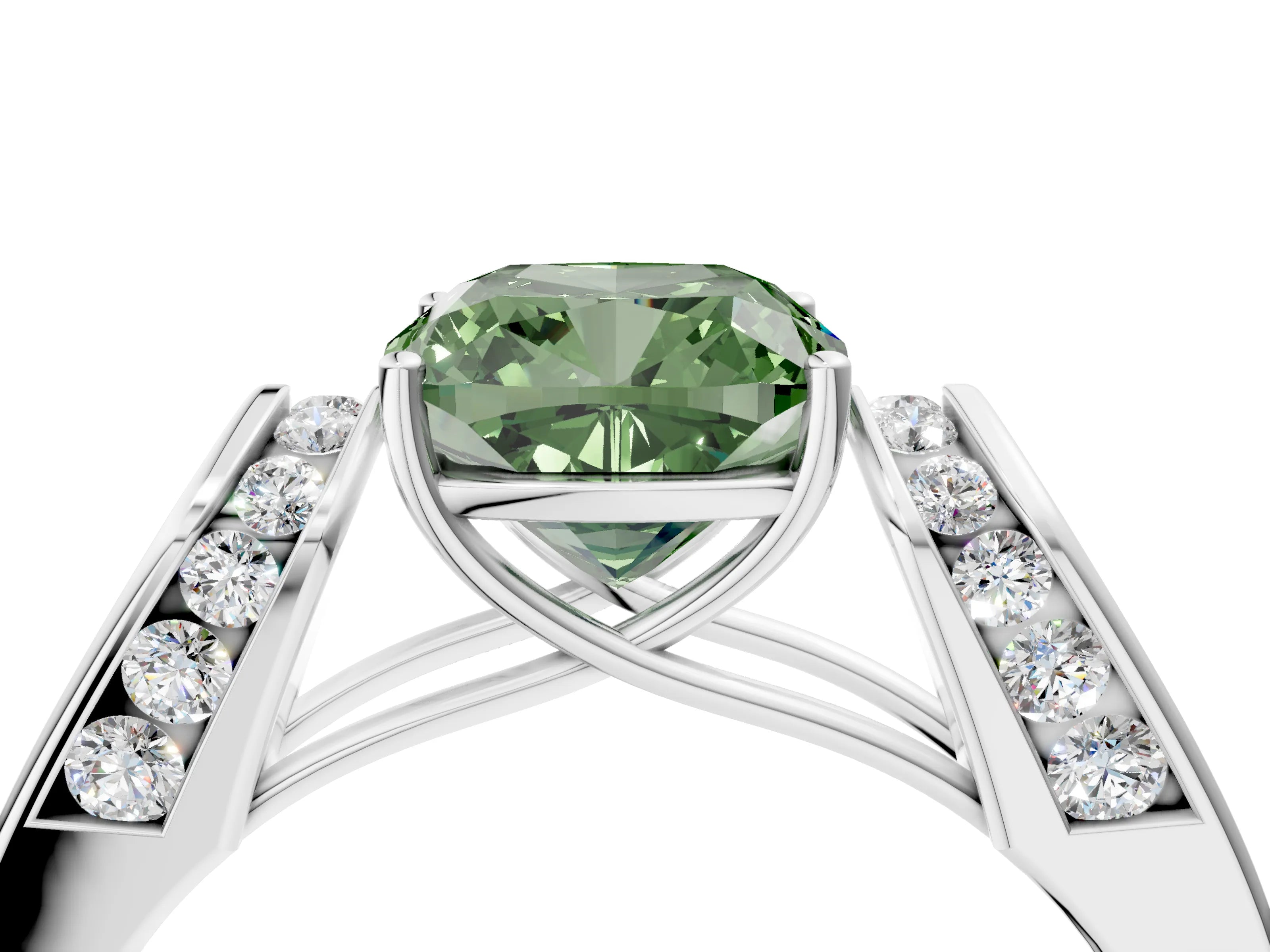White gold Fancy Green Cushion Cut Diamond Channel Set Solitaire Ring with Four-Prong Setting_4
