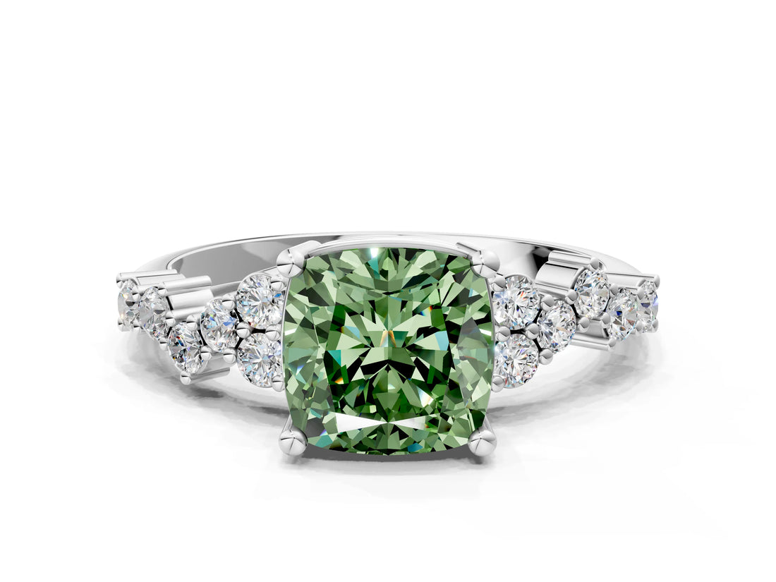 White gold Fancy Green Cushion Cut Diamond Cluster Pavé Band with Four-Prong Setting_3