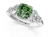 White gold Fancy Green Cushion  Cut Diamond Cluster Ring with Round Accent Stones and Prong Setting on a Classic Band_50