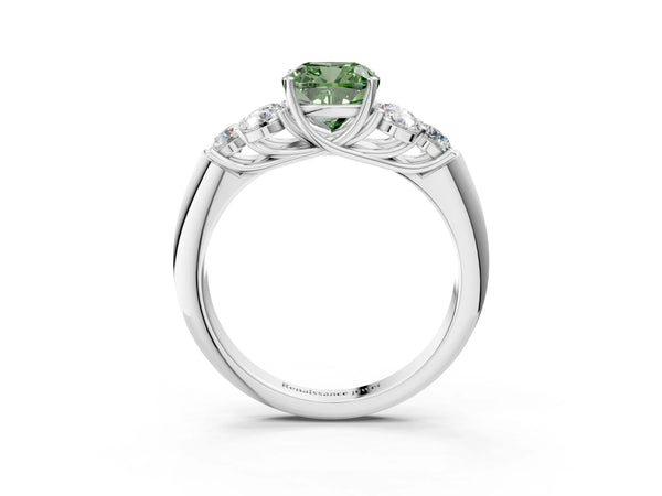 Platinum Fancy Green Cushion  Cut Diamond Cluster Ring with Round Accent Stones and Prong Setting on a Classic Band