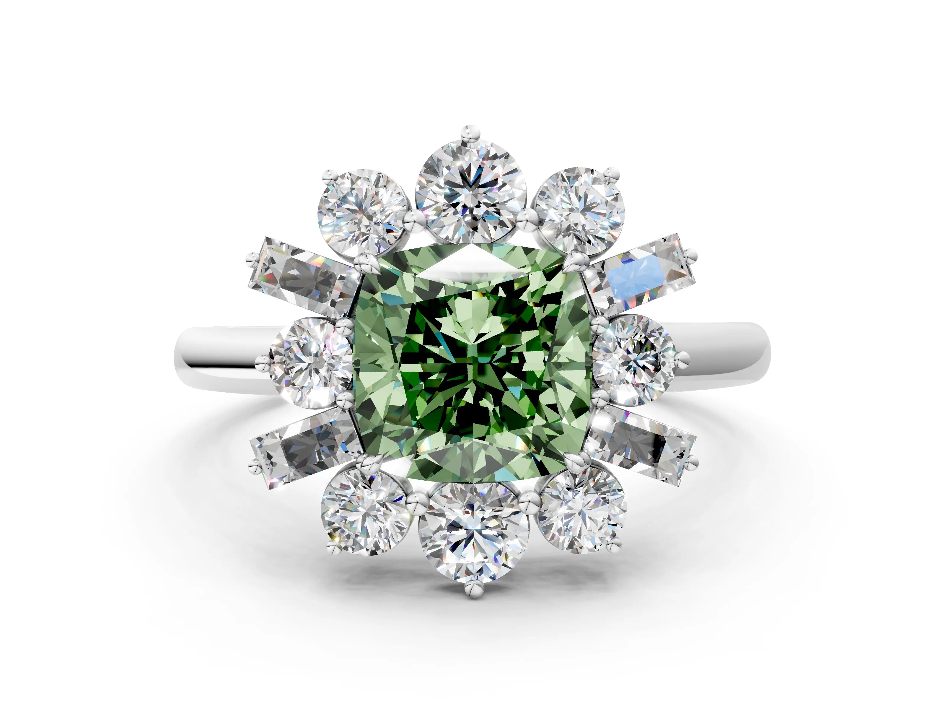 White gold Fancy Green Cushion Cut Diamond Cluster Ring with Round and Baguette Stones, Split Shank Band, Prong Setting