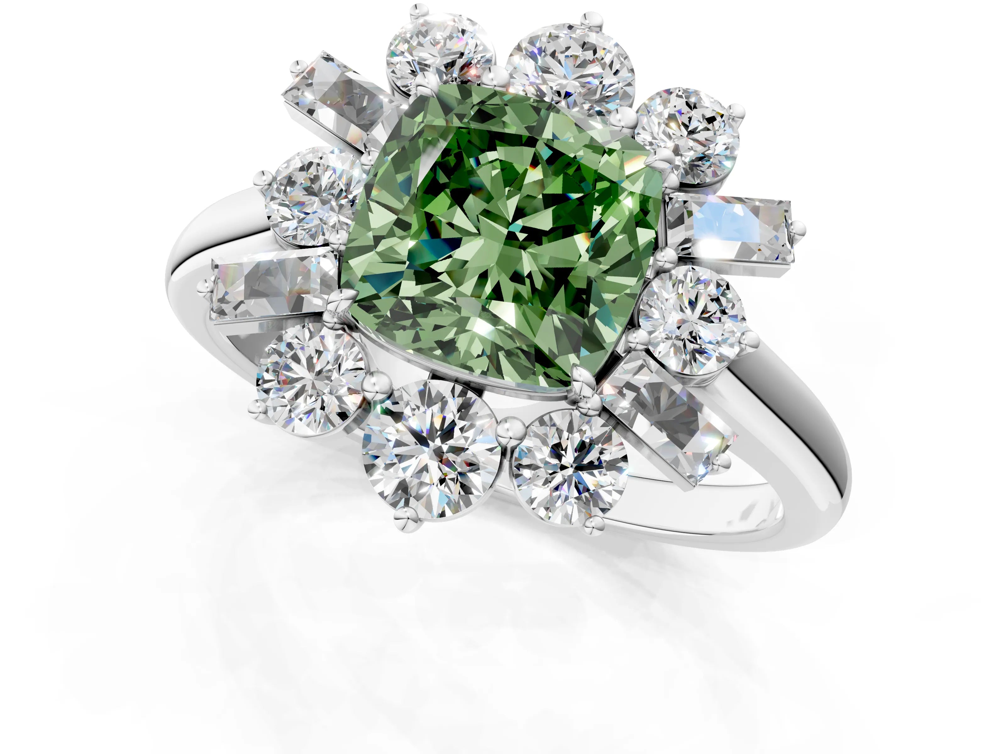 White gold Fancy Green Cushion Cut Diamond Cluster Ring with Round and Baguette Stones, Split Shank Band, Prong Setting_1
