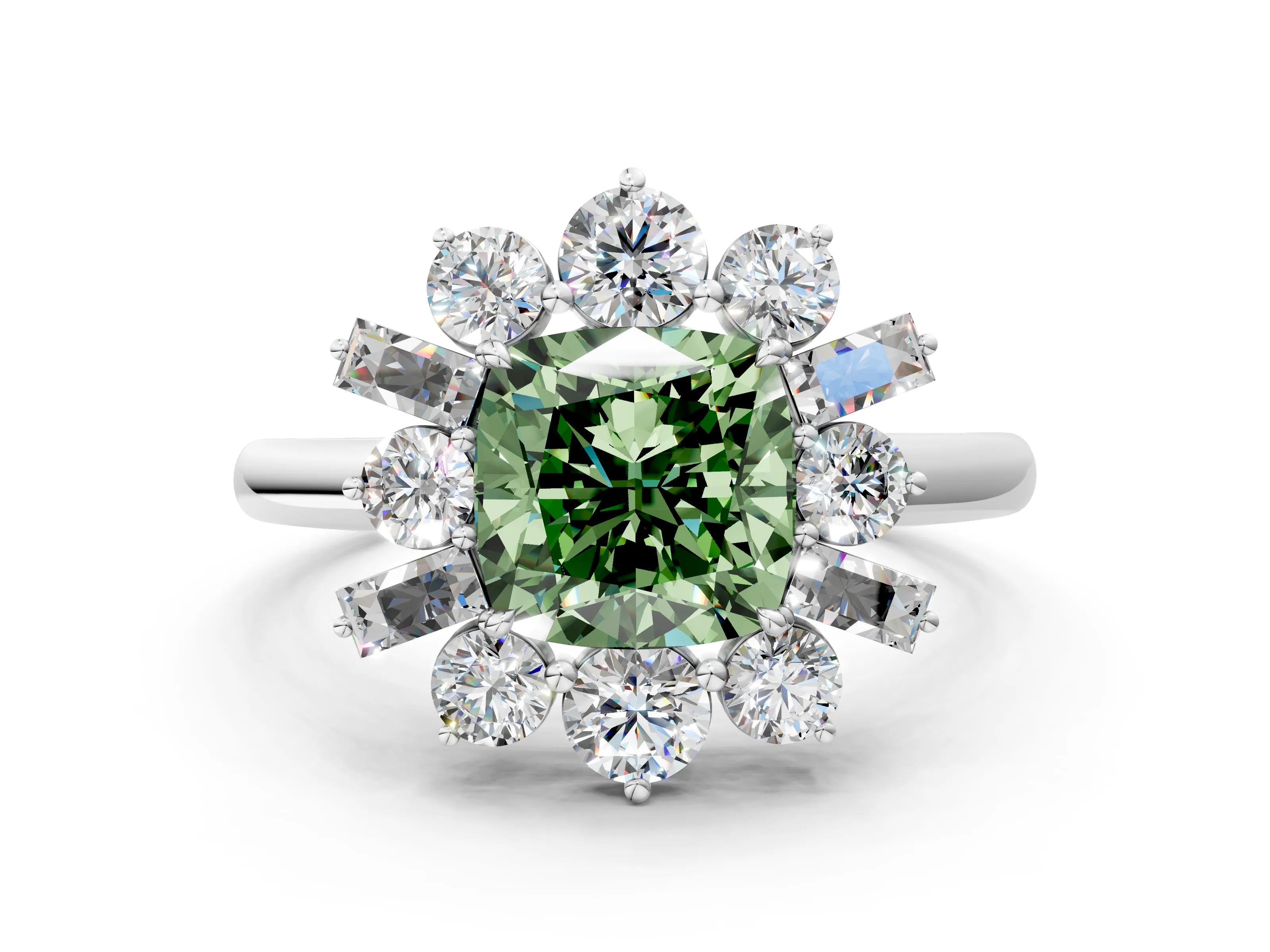 White gold Fancy Green Cushion Cut Diamond Cluster Ring with Round and Baguette Stones, Split Shank Band, Prong Setting_12