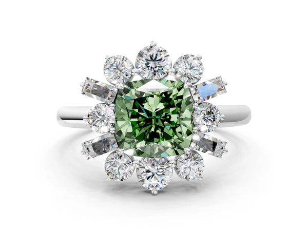 White gold Fancy Green Cushion Cut Diamond Cluster Ring with Round and Baguette Stones, Split Shank Band, Prong Setting