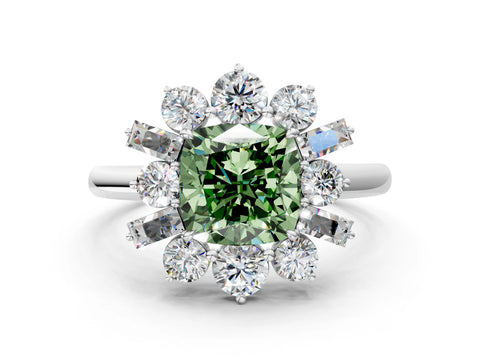 White gold Fancy Green Cushion Cut Diamond Cluster Ring with Round and Baguette Stones, Split Shank Band, Prong Setting_12