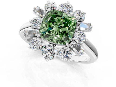 White gold Fancy Green Cushion Cut Diamond Cluster Ring with Round and Baguette Stones, Split Shank Band, Prong Setting_13