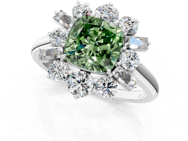 White gold Fancy Green Cushion Cut Diamond Cluster Ring with Round and Baguette Stones, Split Shank Band, Prong Setting
