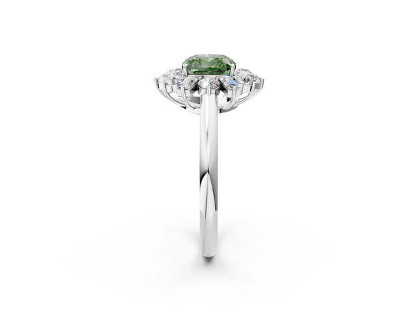 White gold Fancy Green Cushion Cut Diamond Cluster Ring with Round and Baguette Stones, Split Shank Band, Prong Setting
