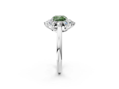 White gold Fancy Green Cushion Cut Diamond Cluster Ring with Round and Baguette Stones, Split Shank Band, Prong Setting_14