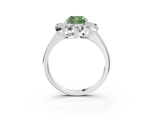 White gold Fancy Green Cushion Cut Diamond Cluster Ring with Round and Baguette Stones, Split Shank Band, Prong Setting
