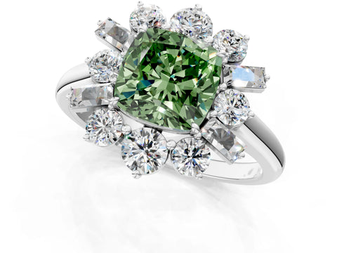 White gold Fancy Green Cushion Cut Diamond Cluster Ring with Round and Baguette Stones, Split Shank Band, Prong Setting_1