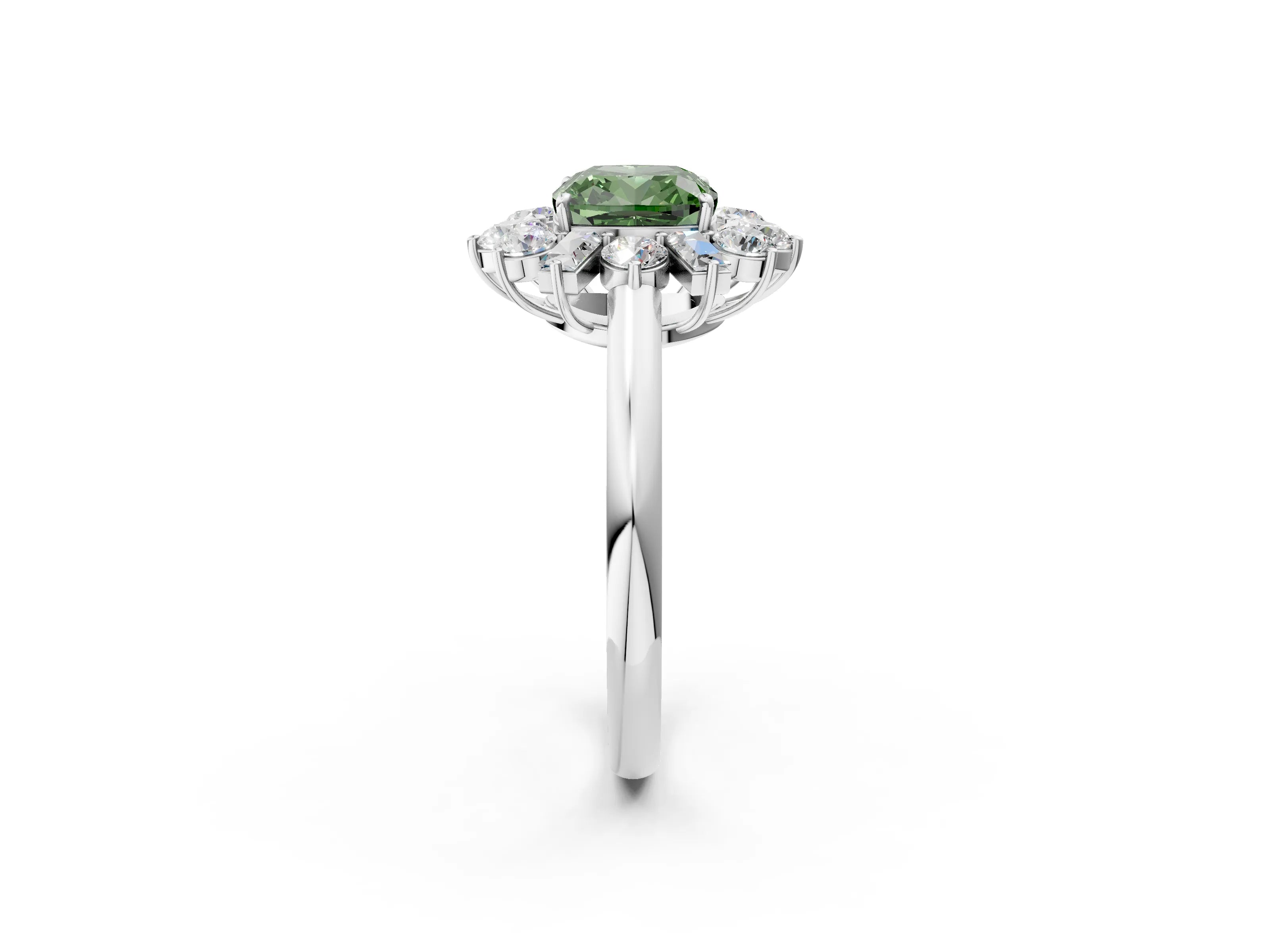 White gold Fancy Green Cushion Cut Diamond Cluster Ring with Round and Baguette Stones, Split Shank Band, Prong Setting_2