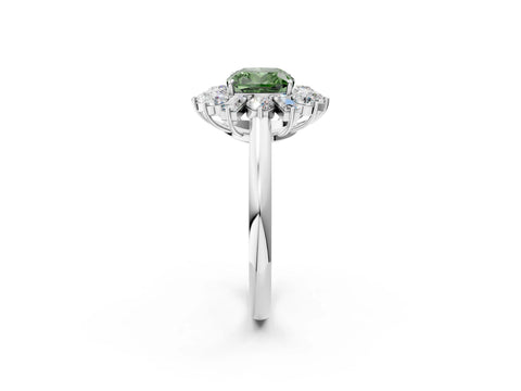 White gold Fancy Green Cushion Cut Diamond Cluster Ring with Round and Baguette Stones, Split Shank Band, Prong Setting_2