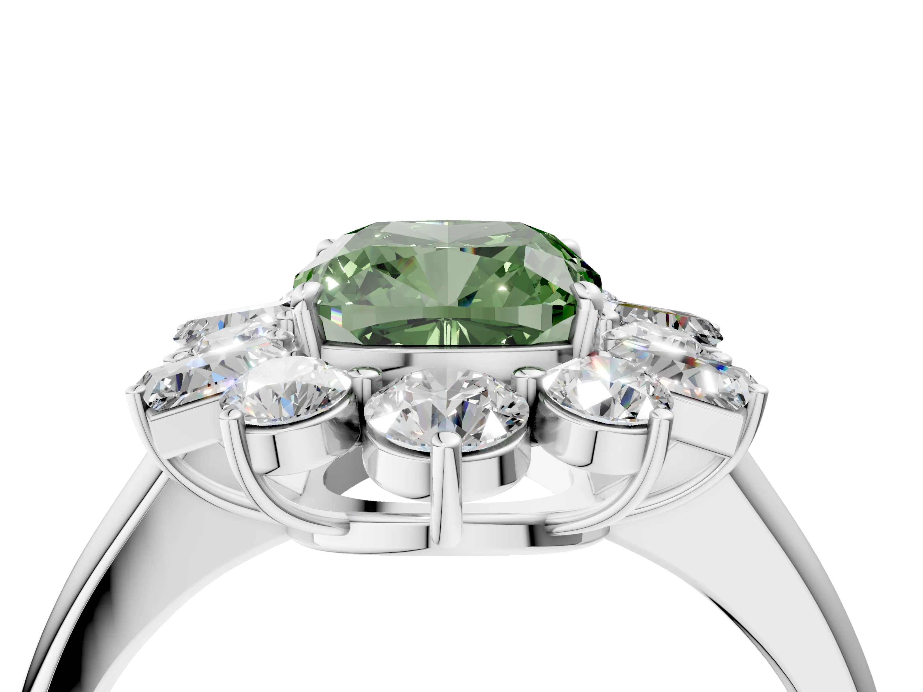 White gold Fancy Green Cushion Cut Diamond Cluster Ring with Round and Baguette Stones, Split Shank Band, Prong Setting_4