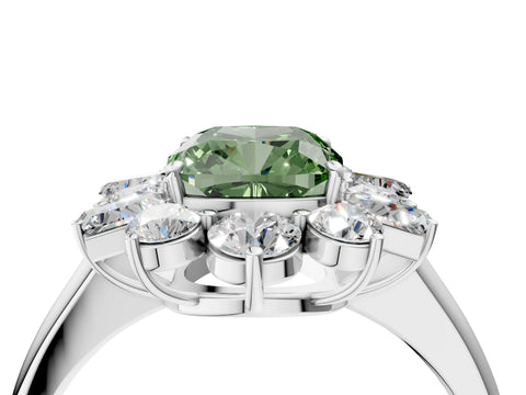 White gold Fancy Green Cushion Cut Diamond Cluster Ring with Round and Baguette Stones, Split Shank Band, Prong Setting_4