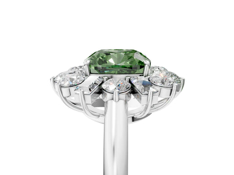 White gold Fancy Green Cushion Cut Diamond Cluster Ring with Round and Baguette Stones, Split Shank Band, Prong Setting_5