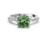 White gold Fancy Green Cushion Cut Diamond Cluster Side Stone Solitaire Ring with Prong Setting_94