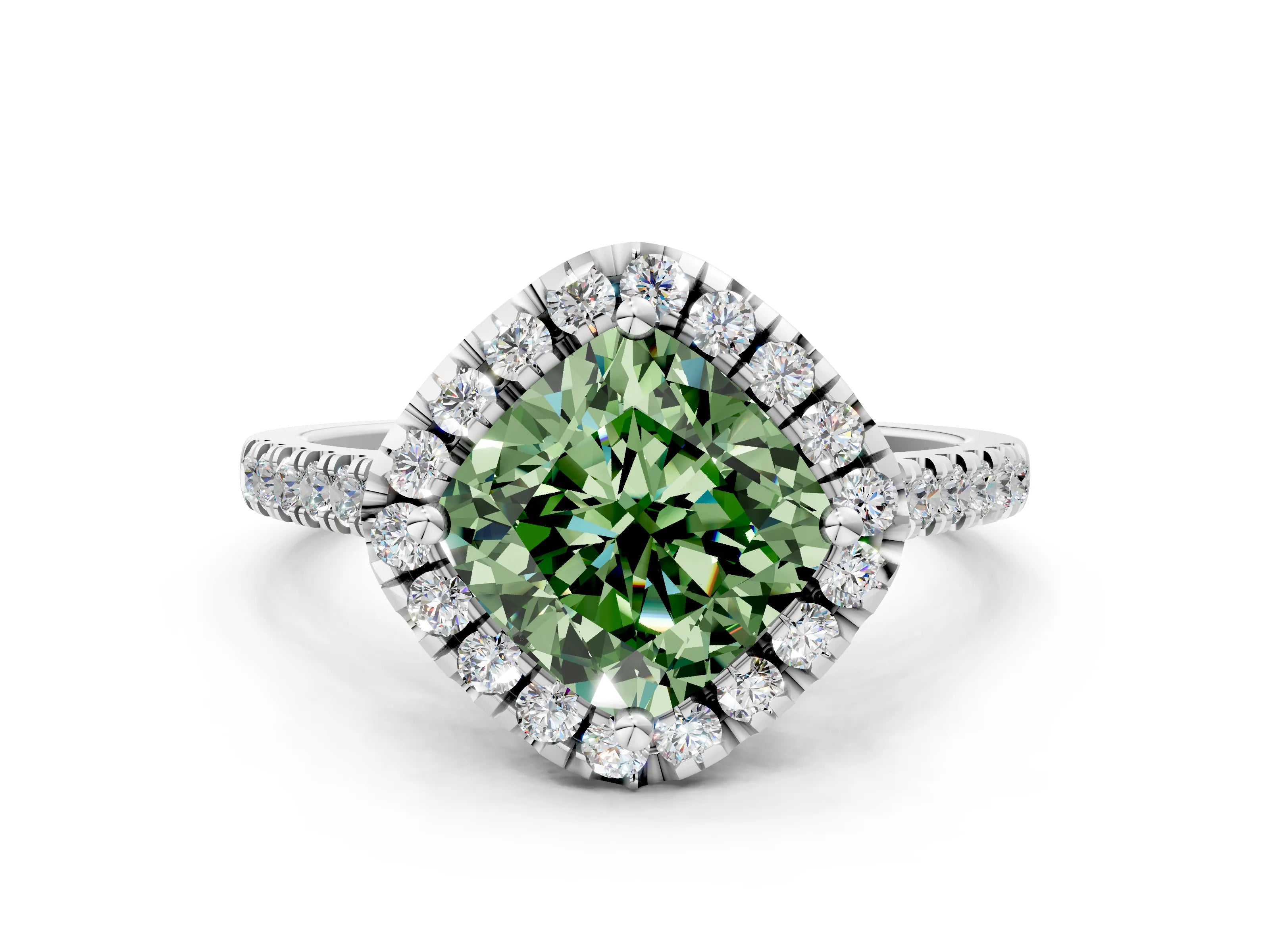 White gold Fancy Green Cushion Cut Diamond Cushion Halo Ring with Pavé Band