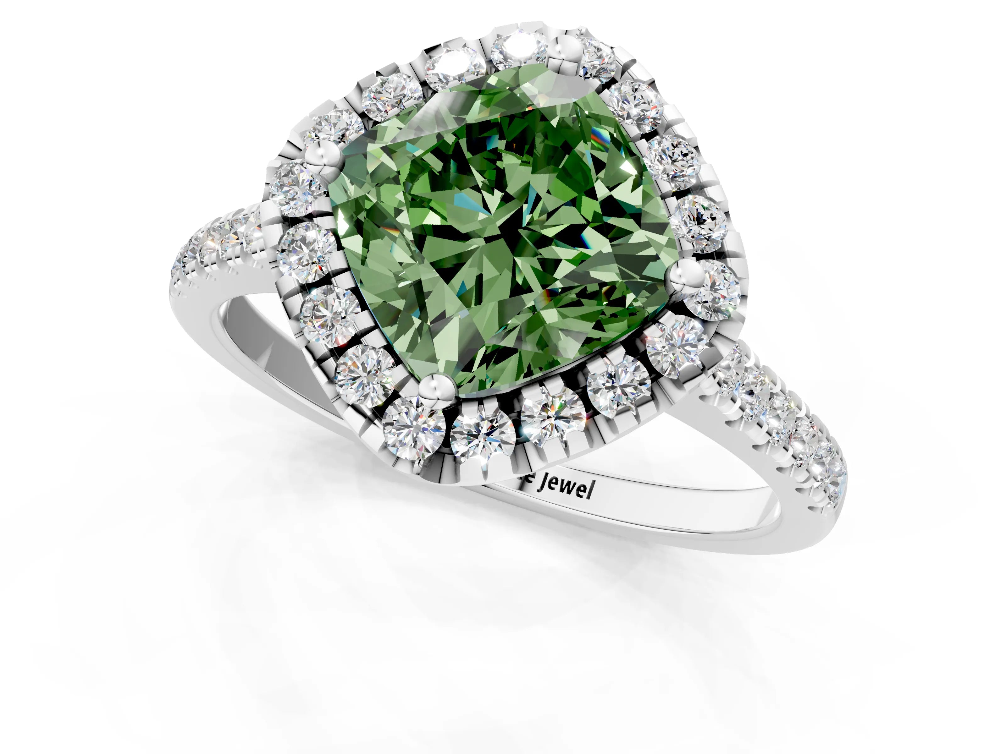 White gold Fancy Green Cushion Cut Diamond Cushion Halo Ring with Pavé Band_1