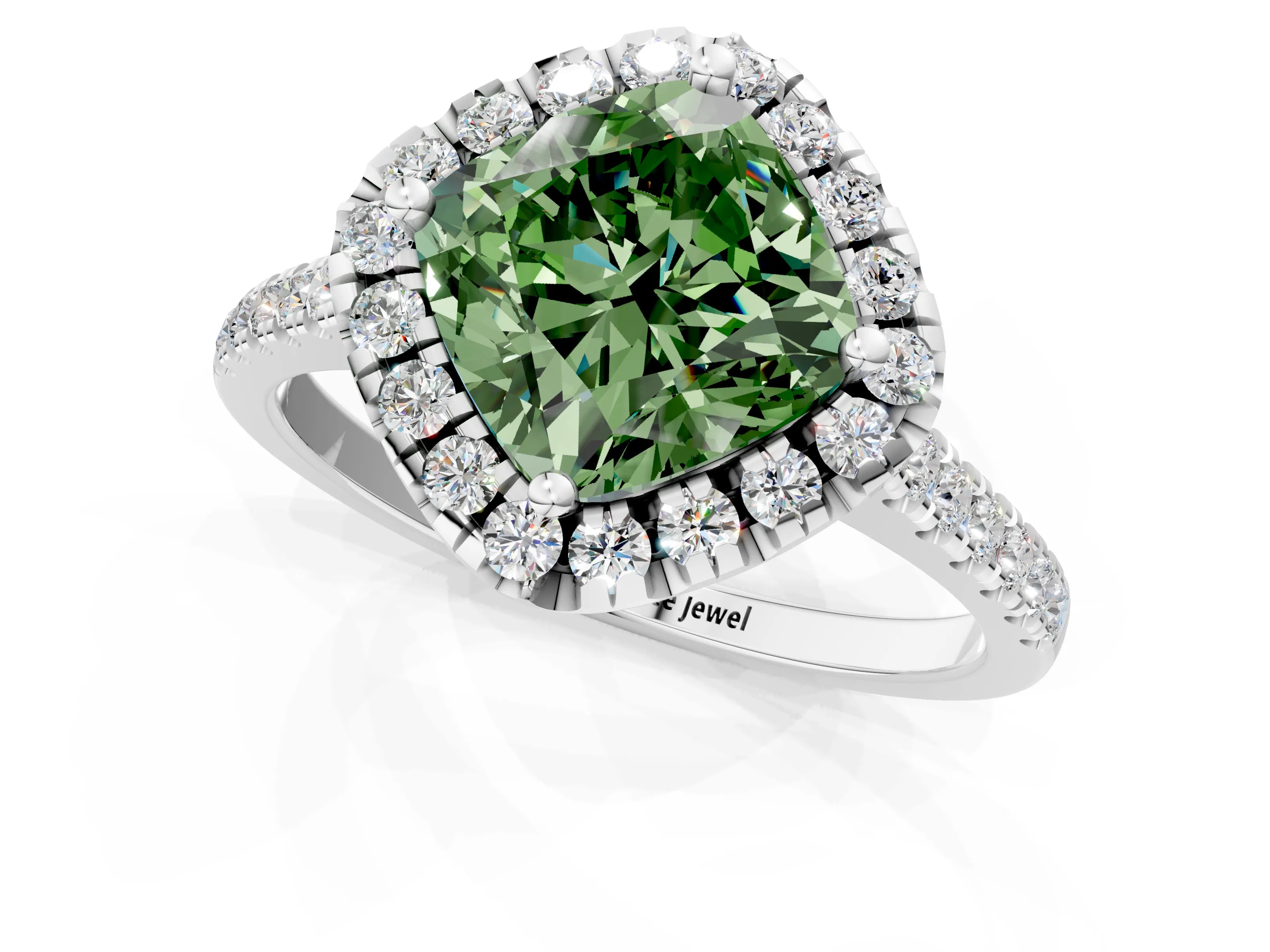 White gold Fancy Green Cushion Cut Diamond Cushion Halo Ring with Pavé Band_1