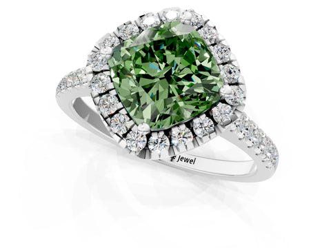 White gold Fancy Green Cushion Cut Diamond Cushion Halo Ring with Pavé Band_1