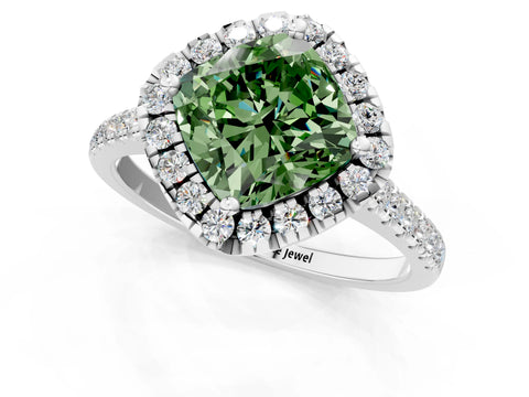 White gold Fancy Green Cushion Cut Diamond Cushion Halo Ring with Pavé Band_1
