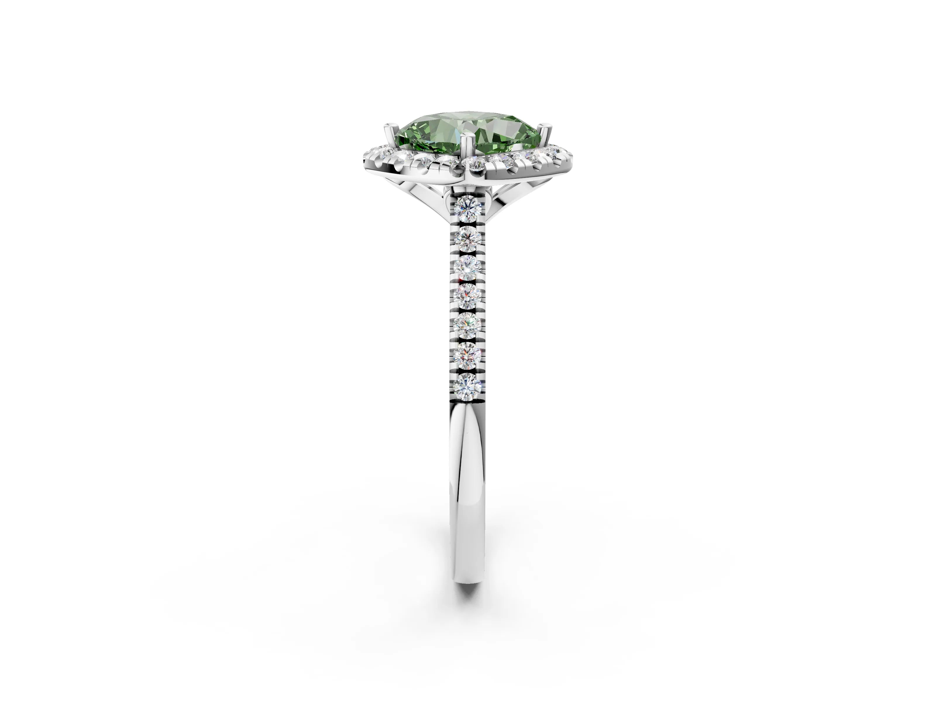 White gold Fancy Green Cushion Cut Diamond Cushion Halo Ring with Pavé Band_2