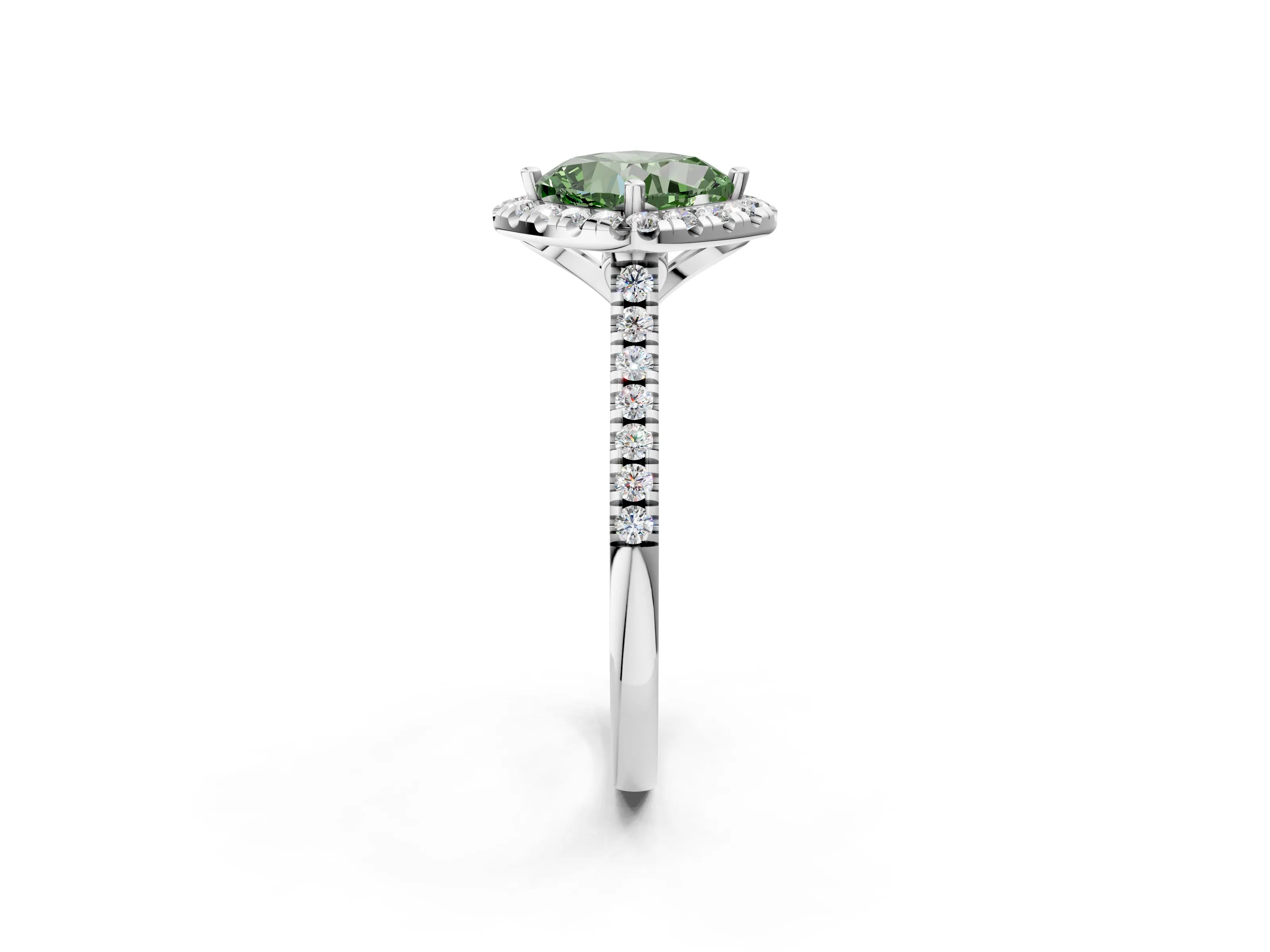 White gold Fancy Green Cushion Cut Diamond Cushion Halo Ring with Pavé Band_2