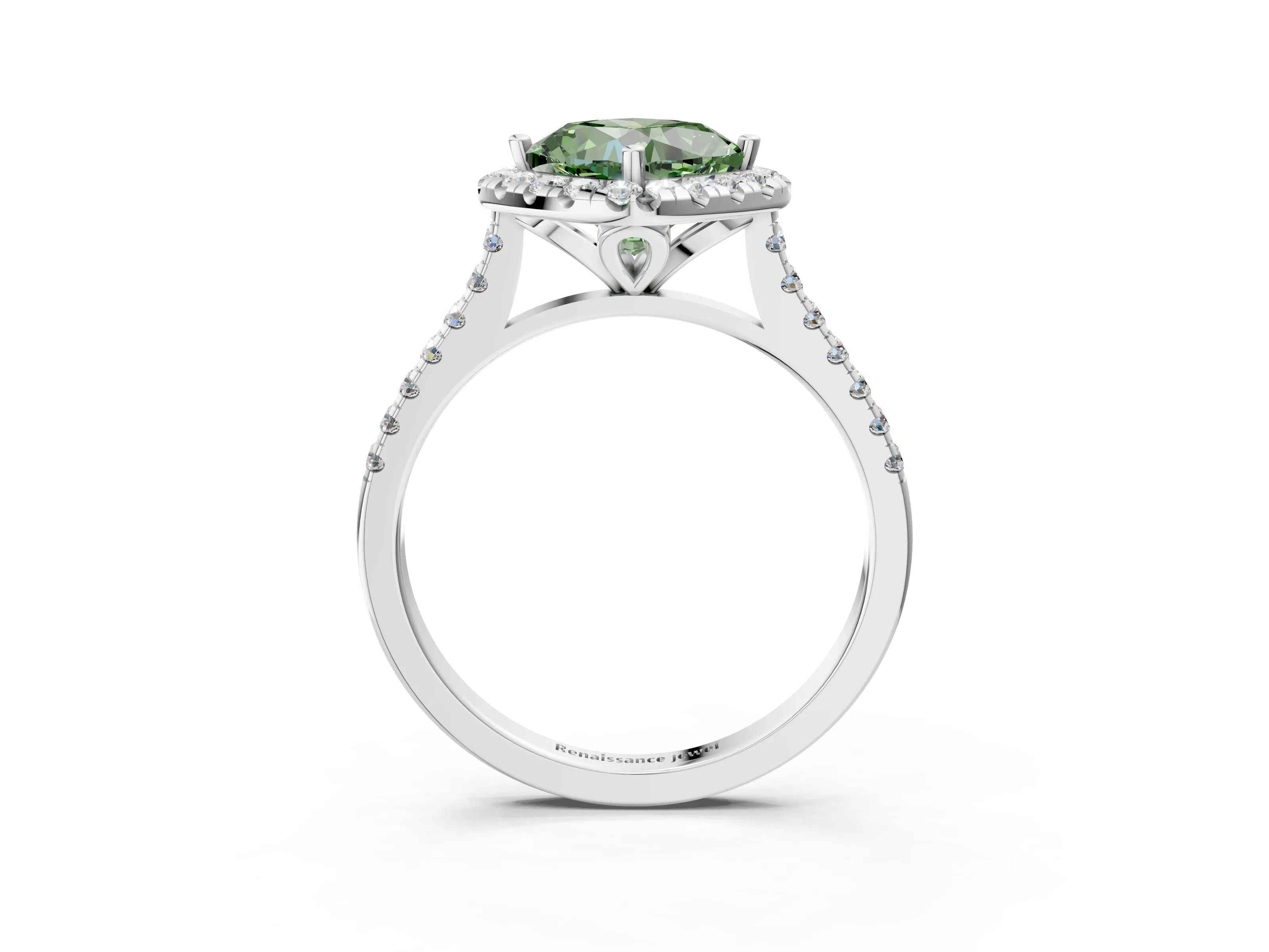 White gold Fancy Green Cushion Cut Diamond Cushion Halo Ring with Pavé Band_3