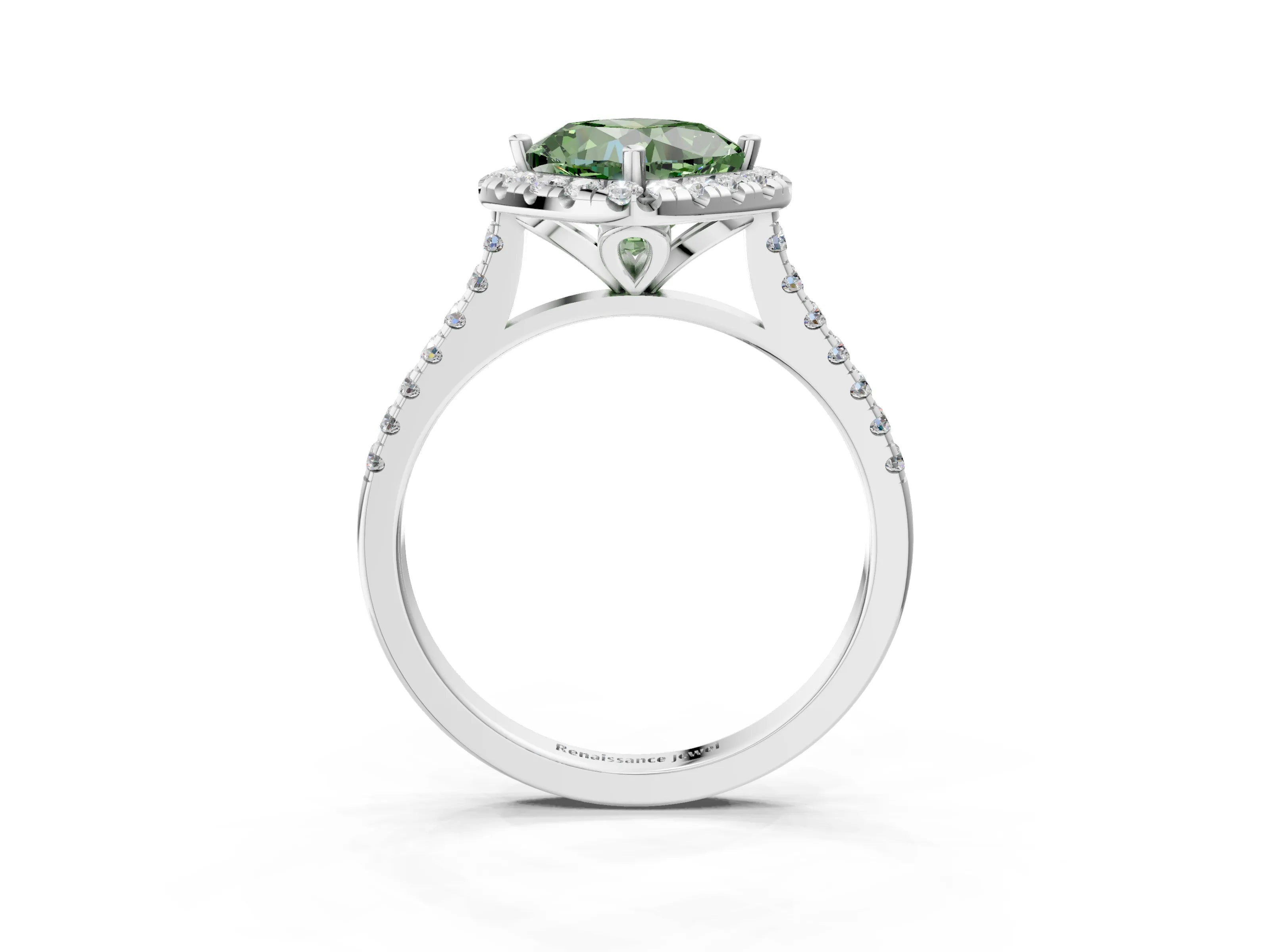 White gold Fancy Green Cushion Cut Diamond Cushion Halo Ring with Pavé Band_3