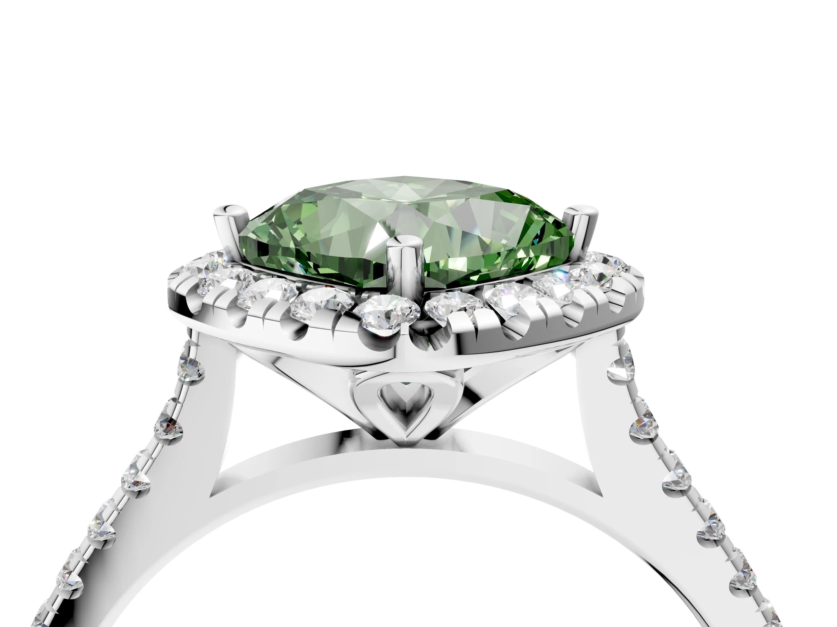 White gold Fancy Green Cushion Cut Diamond Cushion Halo Ring with Pavé Band_4