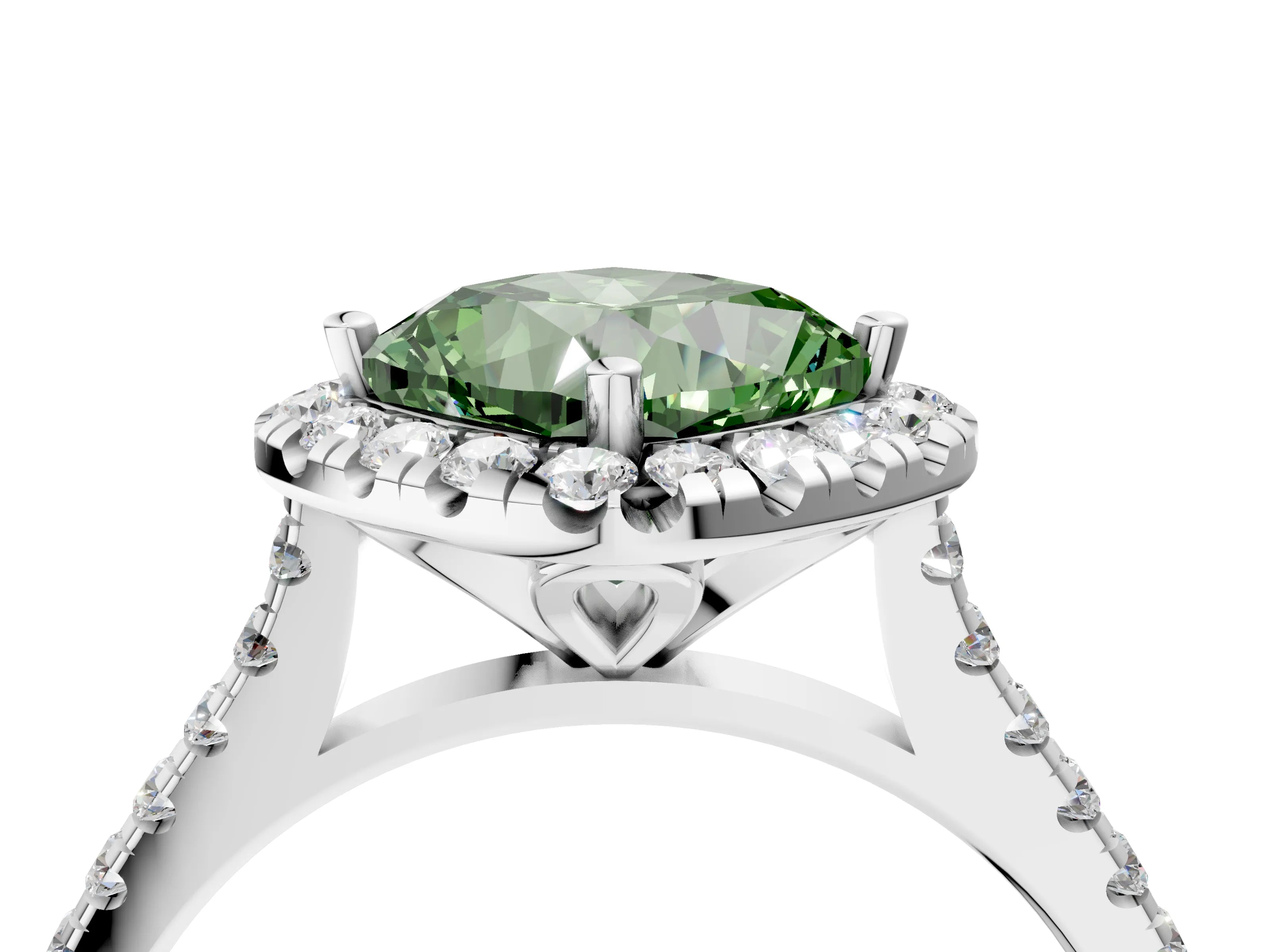 White gold Fancy Green Cushion Cut Diamond Cushion Halo Ring with Pavé Band_4