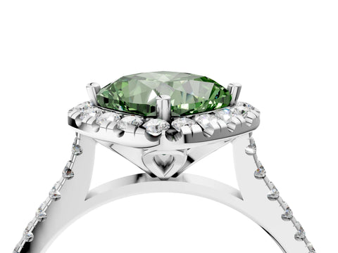 White gold Fancy Green Cushion Cut Diamond Cushion Halo Ring with Pavé Band_4