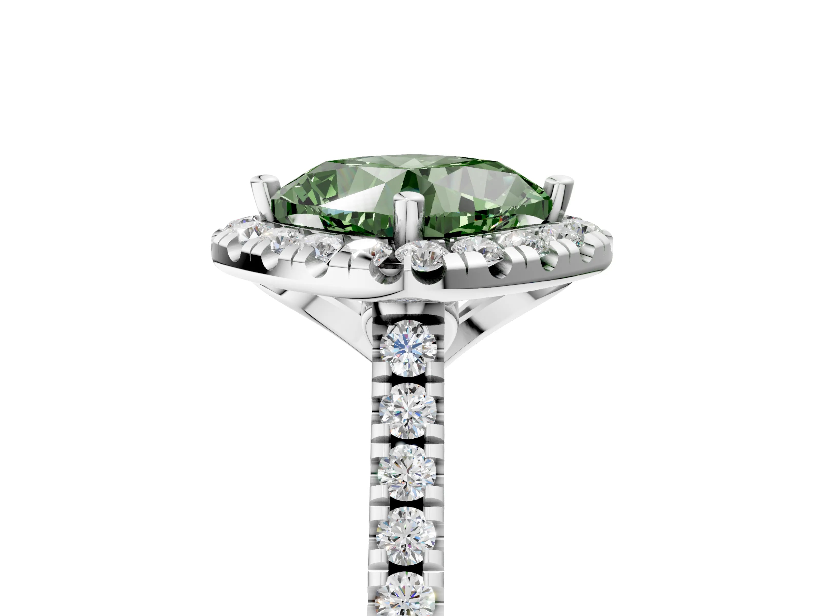 White gold Fancy Green Cushion Cut Diamond Cushion Halo Ring with Pavé Band_5