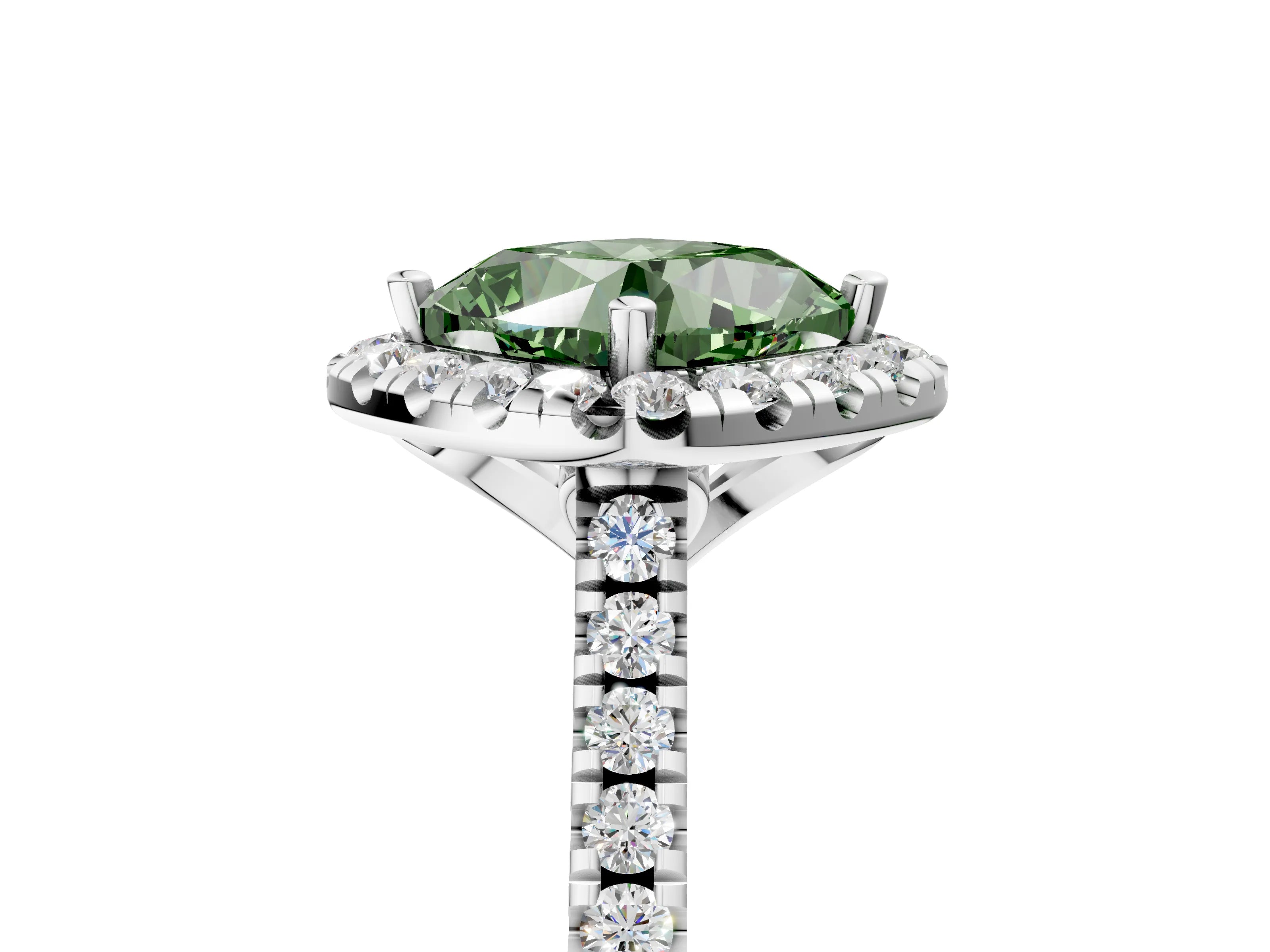 White gold Fancy Green Cushion Cut Diamond Cushion Halo Ring with Pavé Band_5