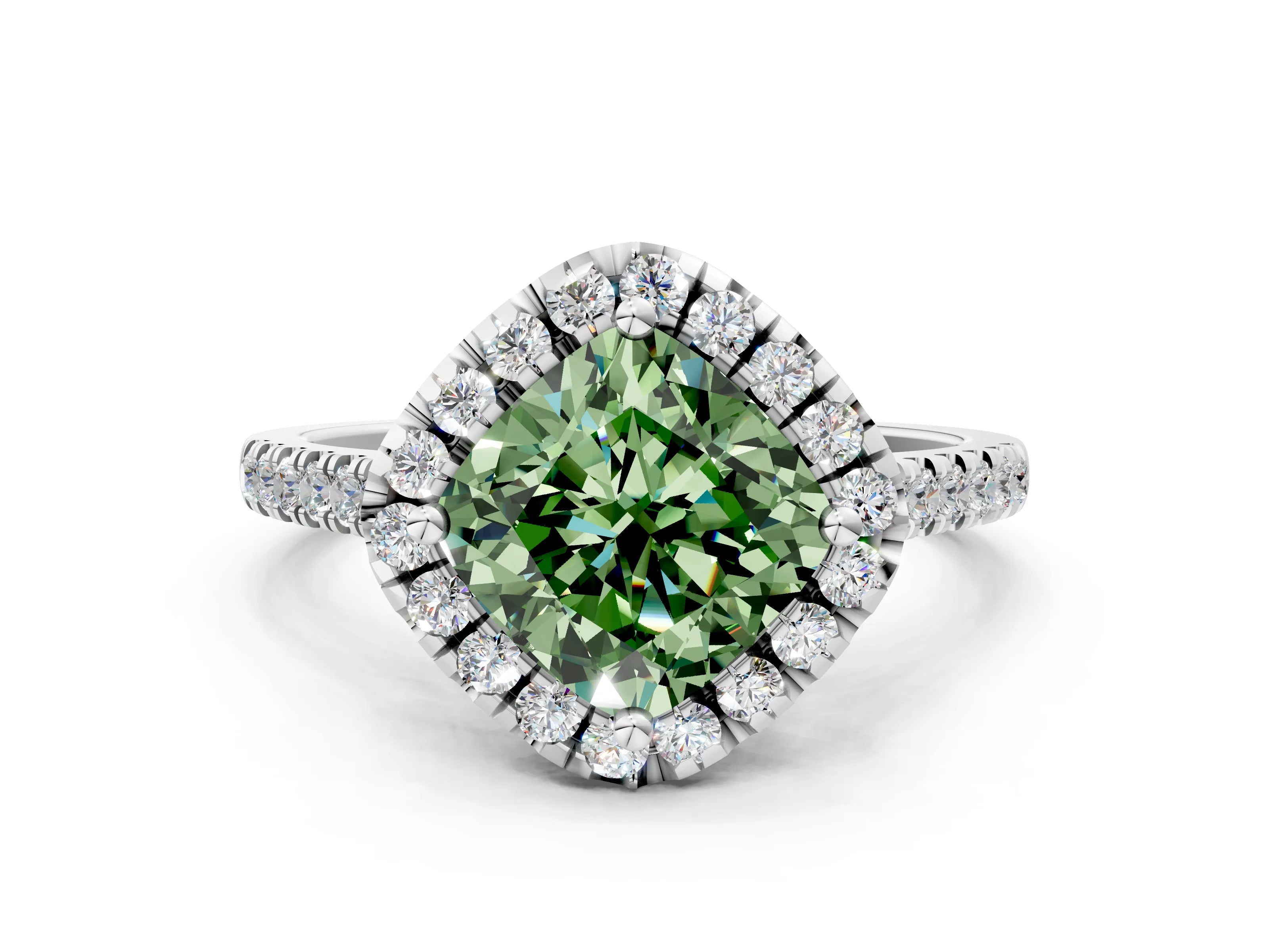 White gold Fancy Green Cushion Cut Diamond Cushion Halo Ring with Pavé Band