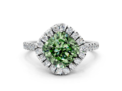 White gold Fancy Green Cushion Cut Diamond Cushion Halo Ring with Pavé Band