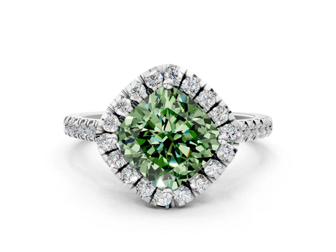 White gold Fancy Green Cushion Cut Diamond Cushion Halo Ring with Pavé Band