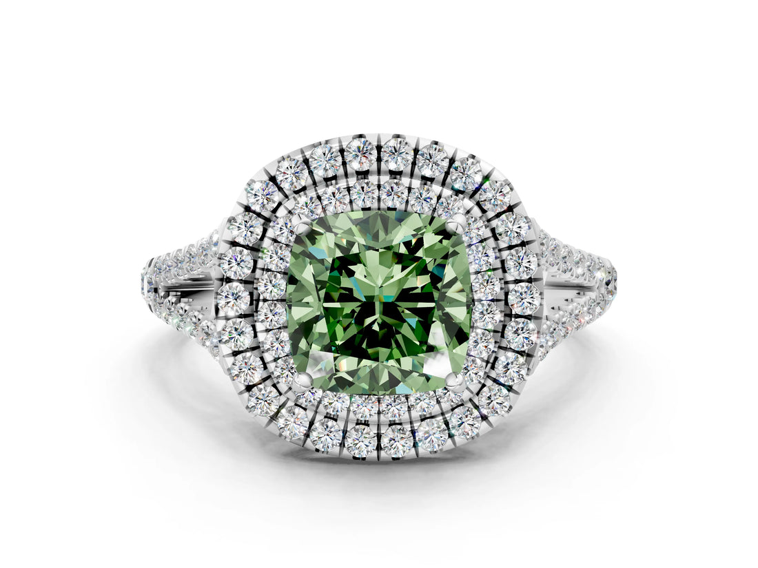 White gold Fancy Green Cushion Cut Diamond Double Halo Ring with Pavé Band and Prong Setting_93