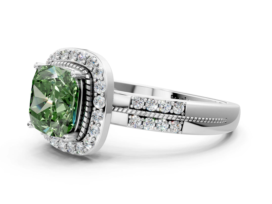 White gold Fancy Green Cushion Cut Diamond Double Halo Ring with Split Shank and Four-Prong Setting