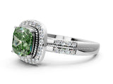 White gold Fancy Green Cushion Cut Diamond Double Halo Ring with Split Shank and Four-Prong Setting