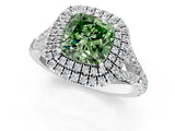 White gold Fancy Green Cushion Cut Diamond Double Halo Ring with Split Shank and Prong Setting_28