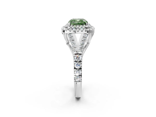 Platinum Fancy Green Cushion Cut Diamond Double Halo Ring with Split Shank and Prong Setting