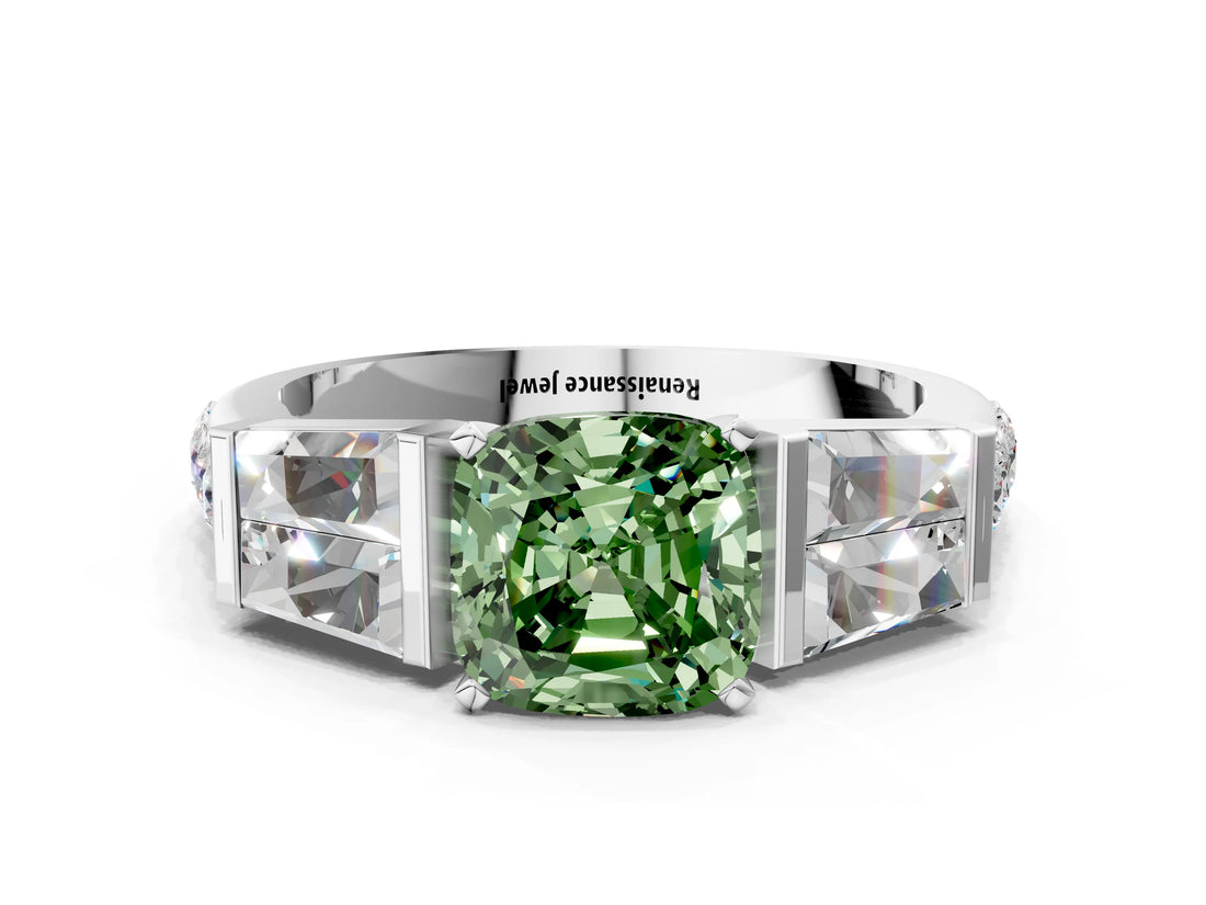White gold Fancy Green Cushion Cut Diamond Engagement Ring with Baguette Side Stones and Channel Set Band_31